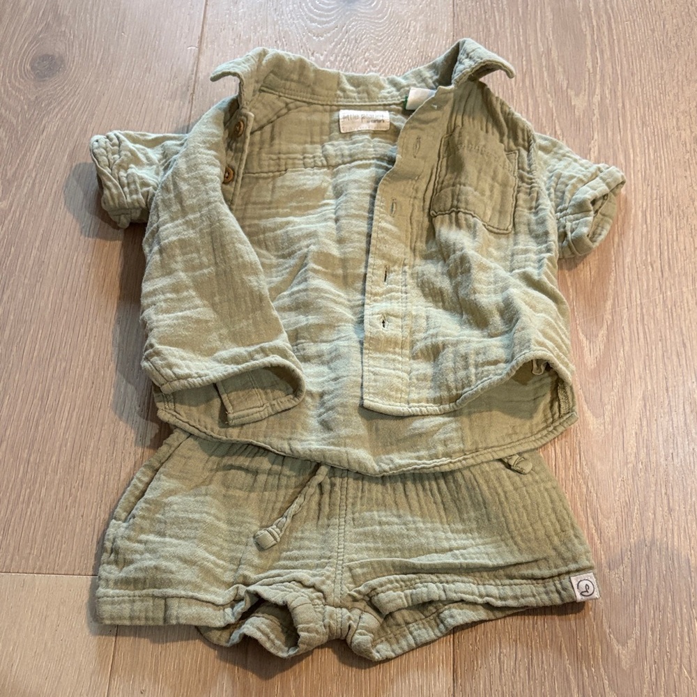 Children's Light Olive Button-Front Gauze Shirt and Shorts Set